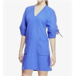$1295 Lela Rose V Neck Dress Cobalt Blue Bow Sleeve Tunic Wool Crepe Sz 2